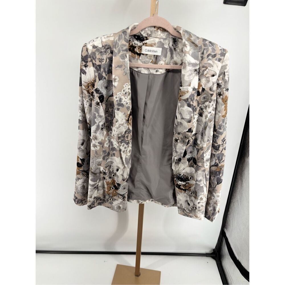 Calvin Klein Floral Print Open Front Blazer Women's Size 14 Gray White Black - Picture 6 of 13